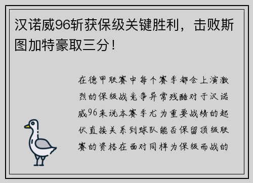 汉诺威96斩获保级关键胜利，击败斯图加特豪取三分！