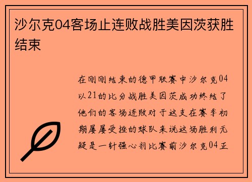 沙尔克04客场止连败战胜美因茨获胜结束